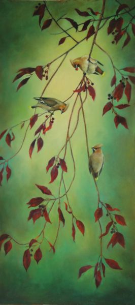 Bohemian waxwing bird oil painting