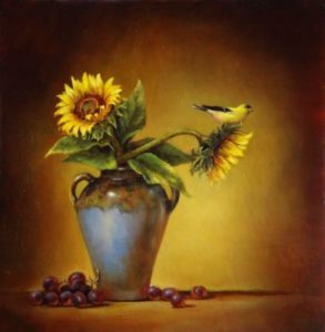 sunflower and yellow goldfind songbird still life painting