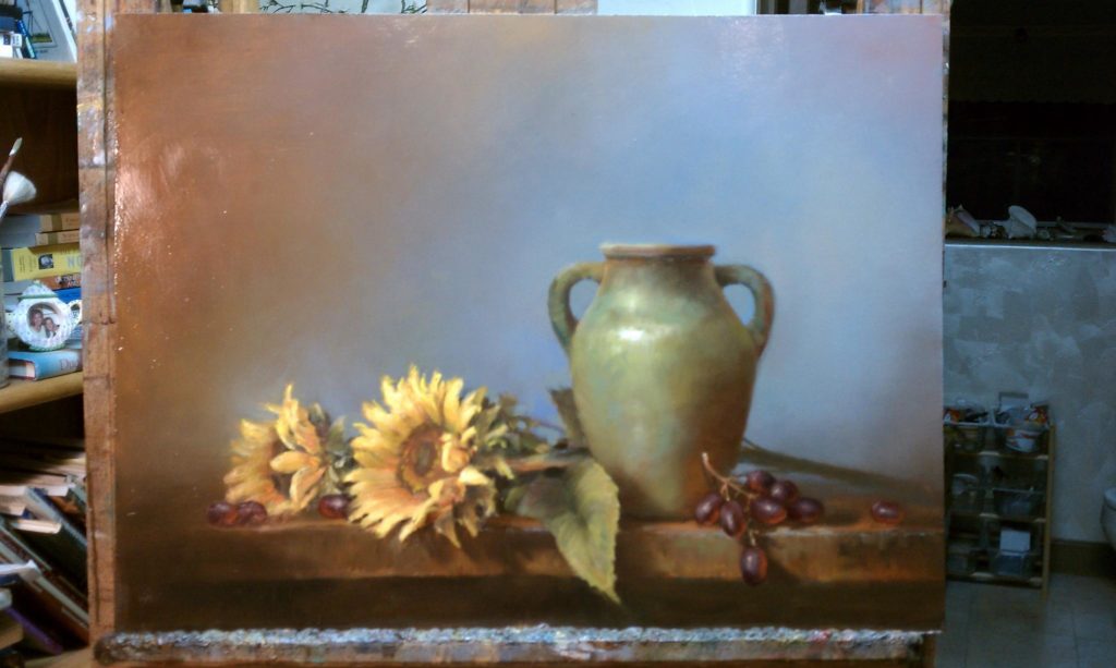 oil painting in progress sunflowers