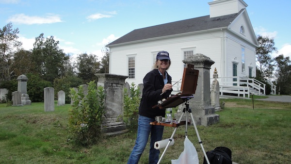 artist painting Maine church cemetery
