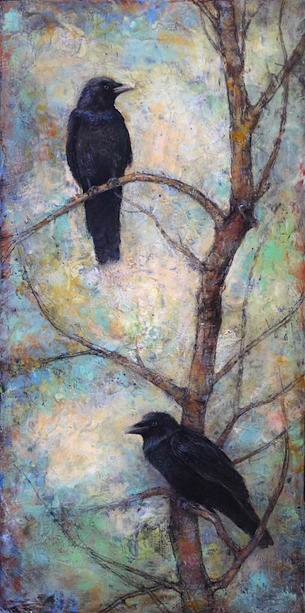 encaustic painting, ravens 