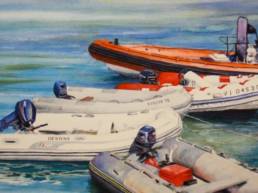 watercolor painting colorful dingy boats