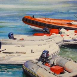 watercolor painting colorful dingy boats