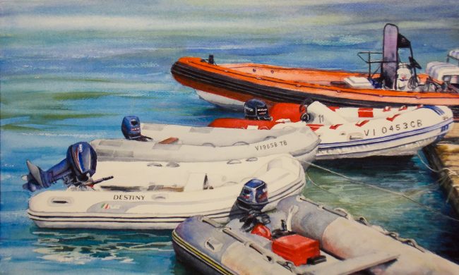 watercolor painting colorful dingy boats