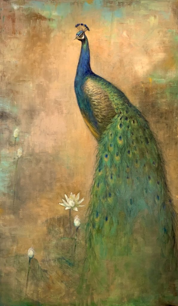 peacock oil painting with lotus flowers